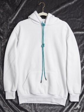 White Women's Pullover Hoodie with Teal Drawcord